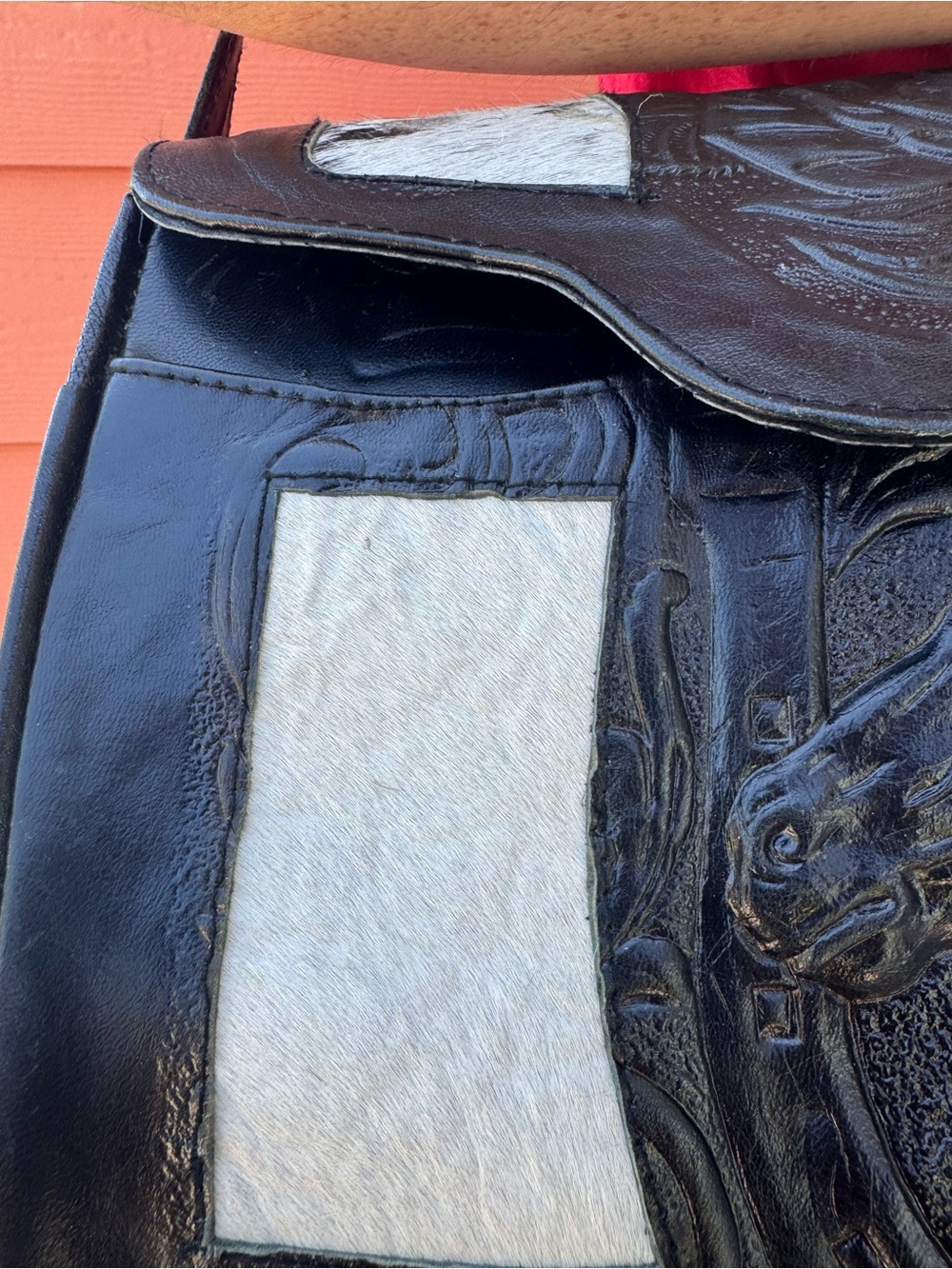 Vintage Mexico Black Tooled Leather Cowhide Western Shoulder Bag - Picture 4 of 11
